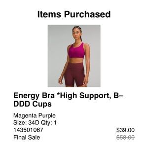 Lululemon energy sports bra. Never worn. NWOT